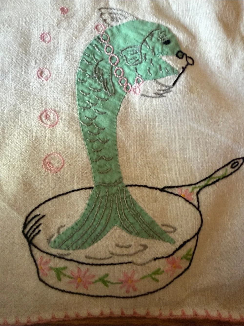 White Kitchen Towel with Green Fish Illustration and Pink Trim
